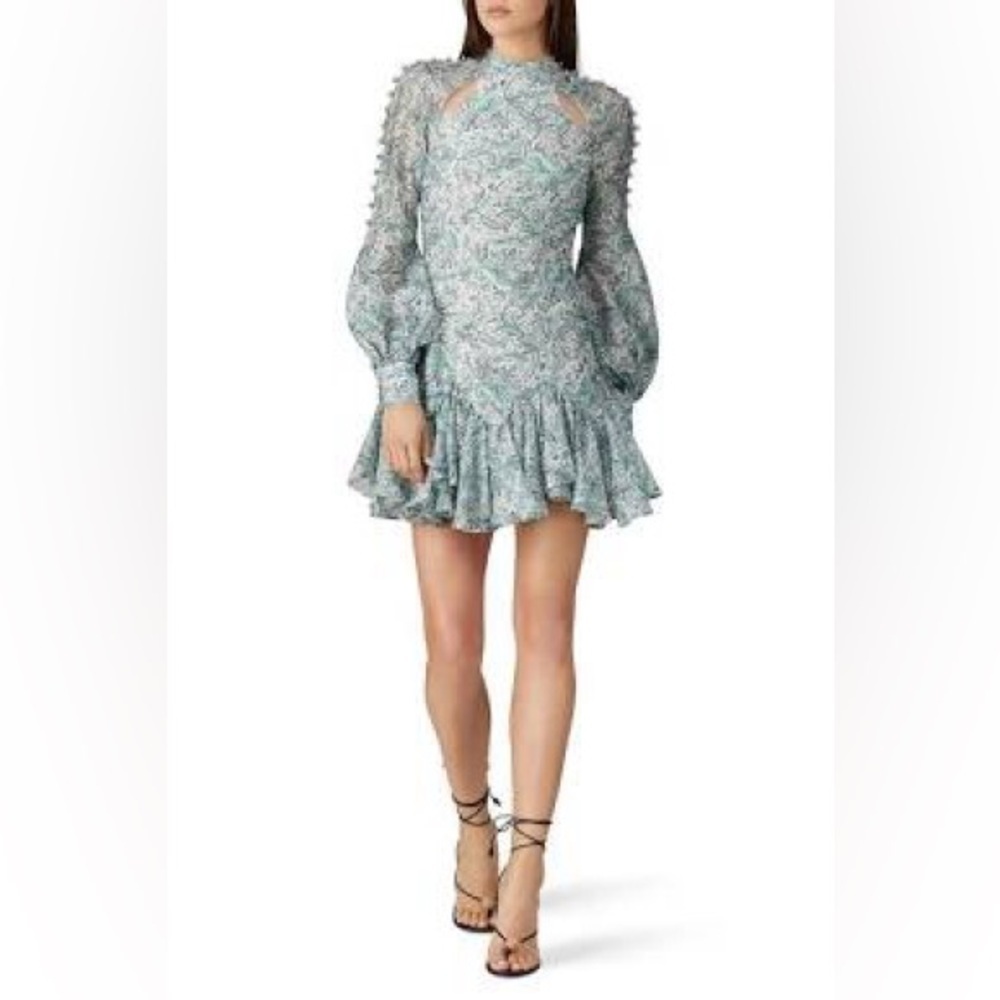 Thurley Dahlia Green Paisley Swirl Ruffle Dress Sz 0 Buttons Details Mock Neck
